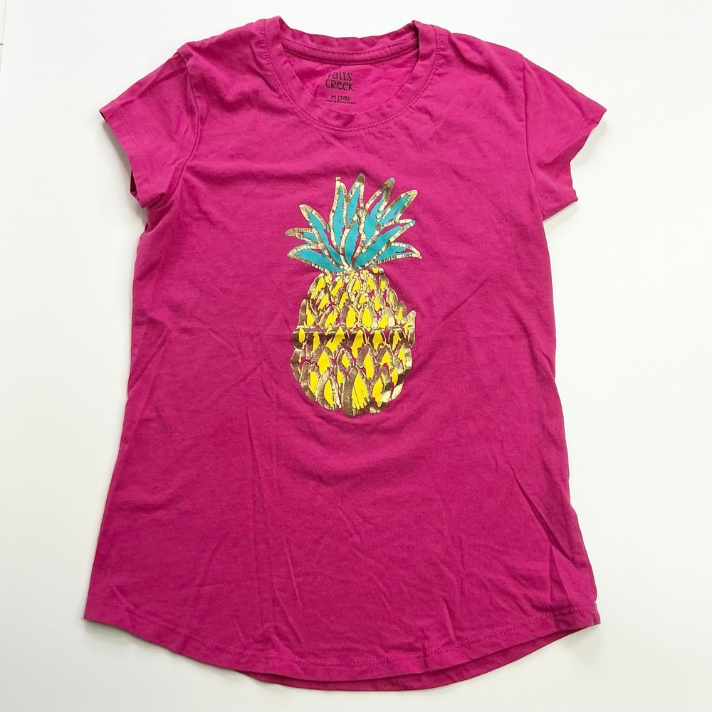 Falls Creek Pink Pineapple Graphic T-Shirt Kids Size M 7/8 Short Sleeve Gold